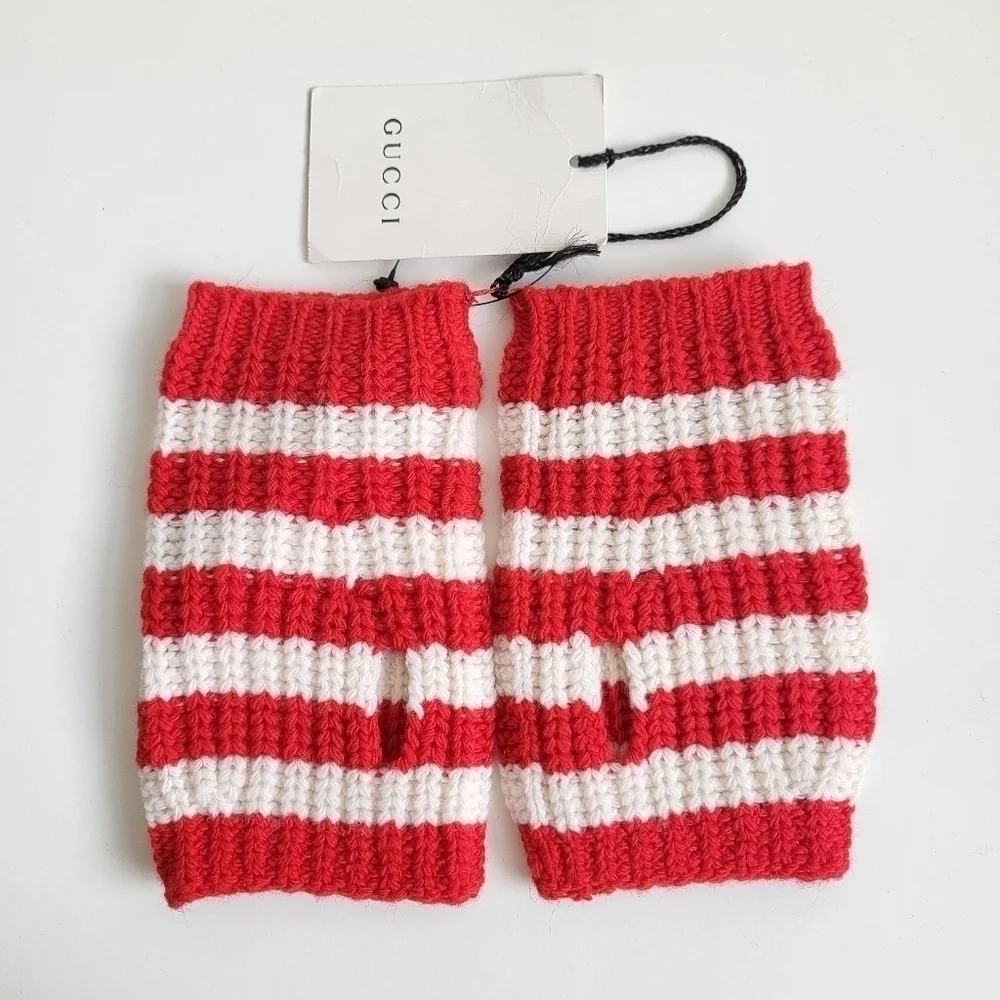 New Gucci 100% Wool Knit Striped Red/White Fingerless Gloves NWT Size Medium
